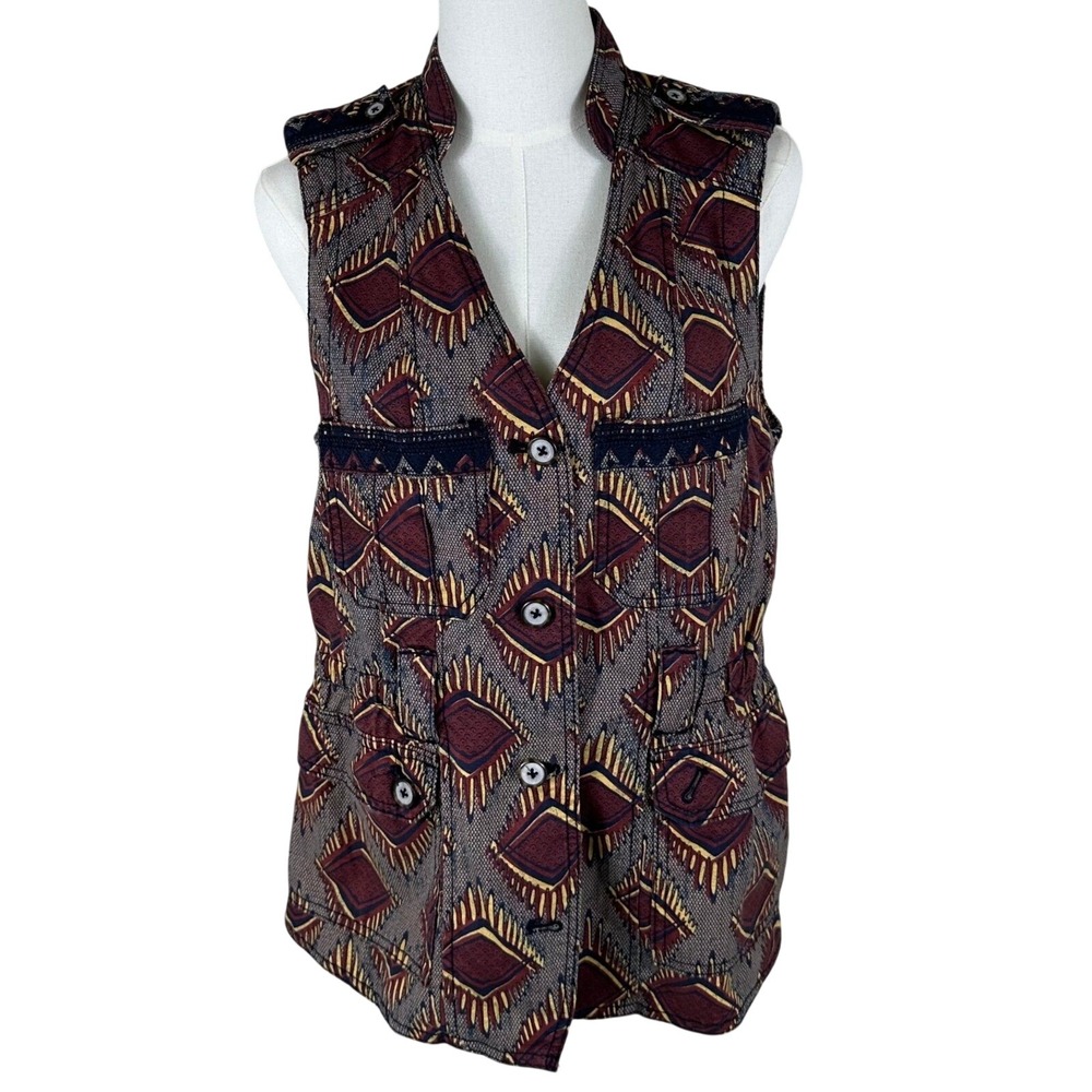 Elevenses Anthropologie Vest Womens S Burgundy Diamond Ikat Utility Military Top